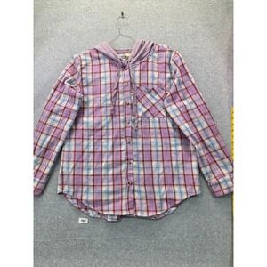 Pastel Plaid Hooded Button Down Shirt Pink Purple Blue Style 30985 Womens XL